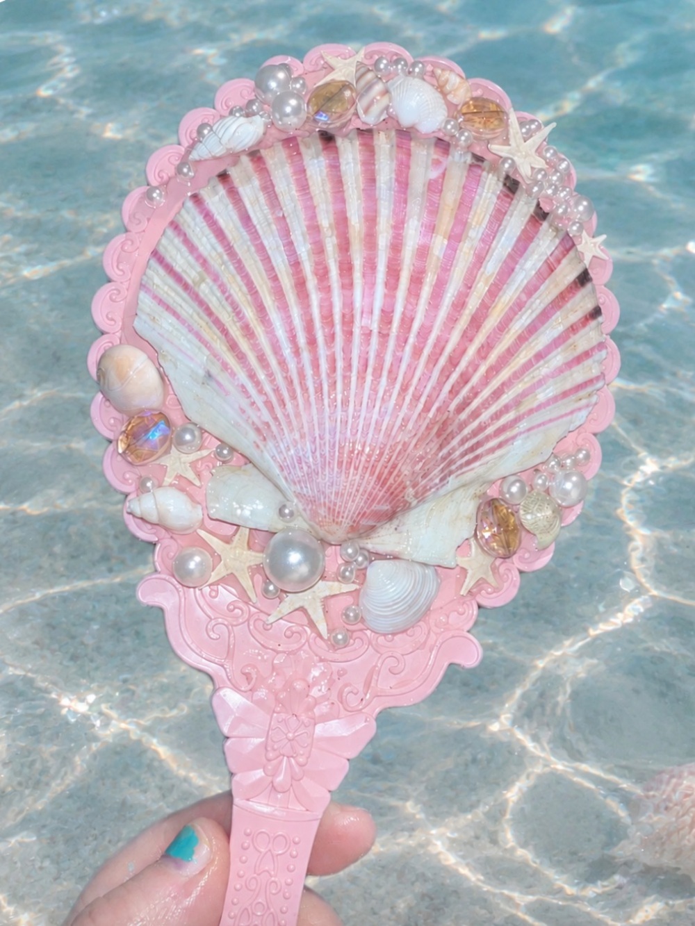 Handheld Pink Seashell handcrafted bejeweled Decorative Mirror